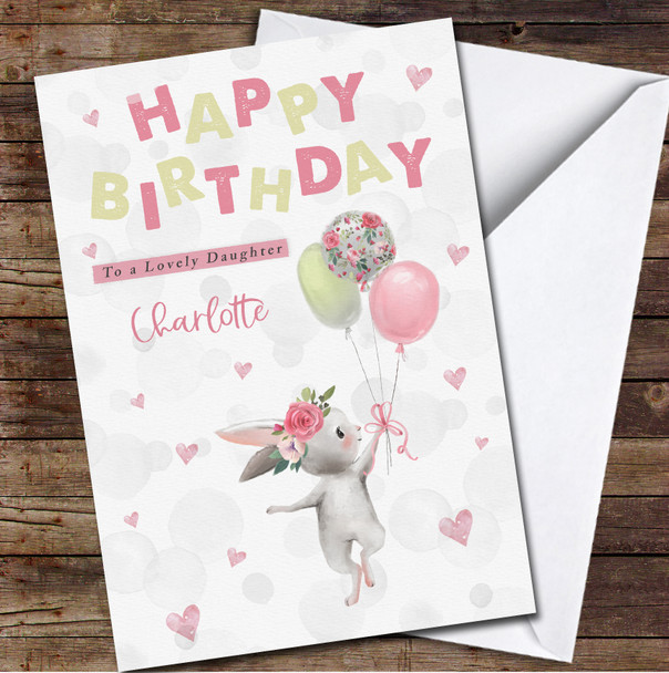 Pink Green Daughter Watercolour Cute Bunny Balloons Personalised Birthday Card