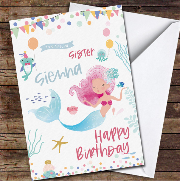 Special Sister Cute Mermaid Blue Pink Balloons Fish Personalised Birthday Card