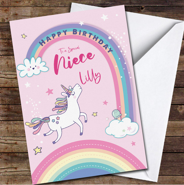 Niece Birthday Cute Unicorn And Rainbow Pastel Pink Personalised Birthday Card
