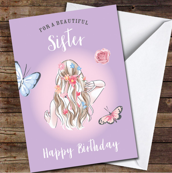 Sister Beautiful Pretty Girl Butterflies Pink Hair Personalised Birthday Card