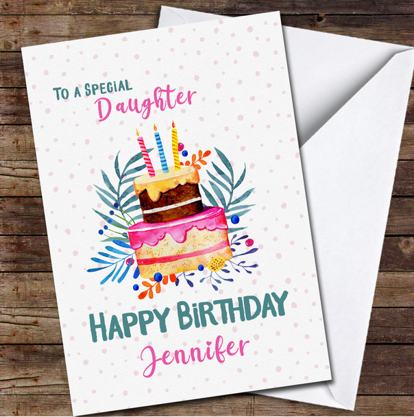 Daughter Birthday Pink Teal Cake Candles & Flowers Personalised Birthday Card