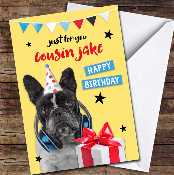Cousin Black Dog Headphones Gift Party Fun Yellow Personalised Birthday Card