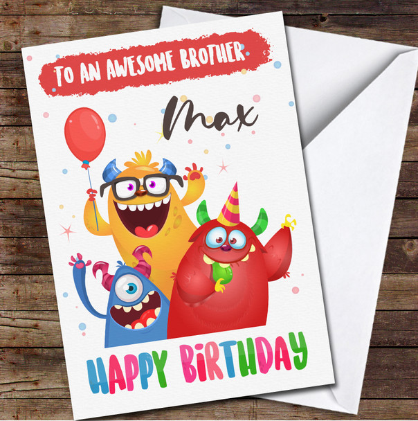 Rainbow Awesome Brother Happy Funny Party Monster Personalised Birthday Card