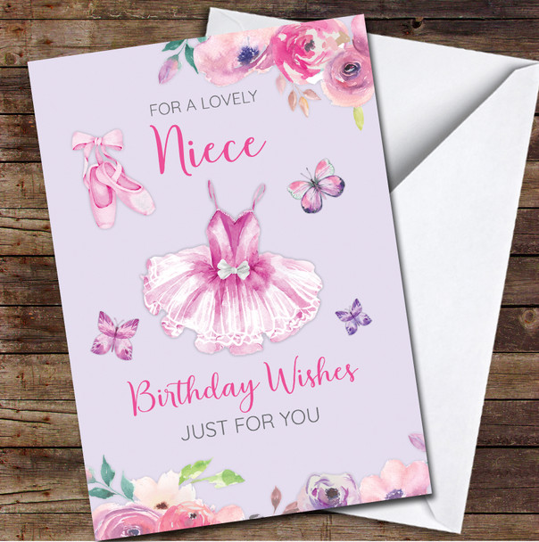 Lovely Niece Ballerina Dance Pink Purple Flowers Personalised Birthday Card