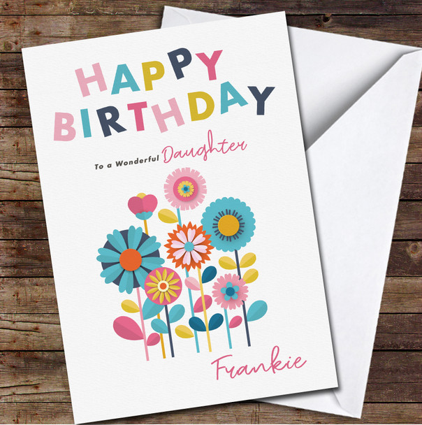 Wonderful Daughter Blue Pink Paper Style Flowers Personalised Birthday Card