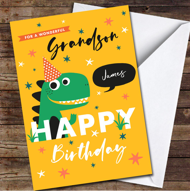 Wonderful Grandson Yellow Birthday Cute Dinosaur Personalised Birthday Card