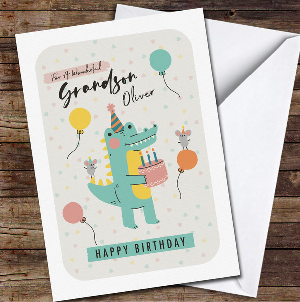 Grandson Cute Crocodile With Cake Blue Confetti Personalised Birthday Card