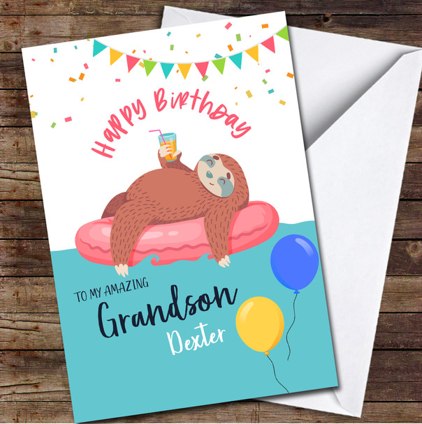Grandson Sloth In Inflatable Tube With Cocktail Personalised Birthday Card