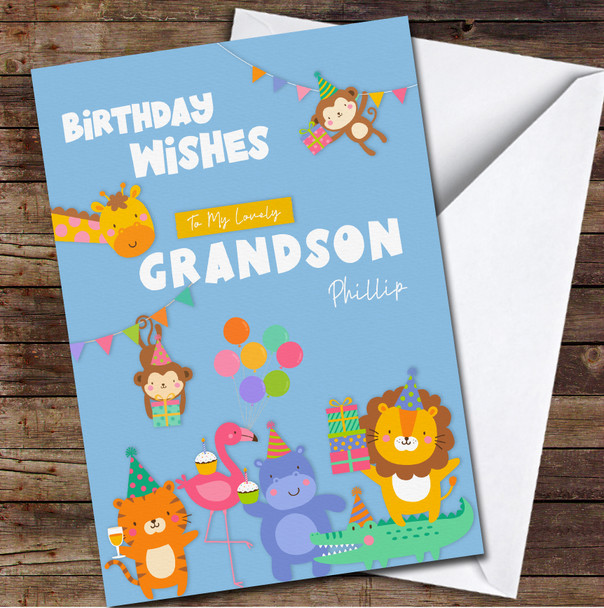 Lovely Grandson Blue Funny Jungle Party Animals Personalised Birthday Card