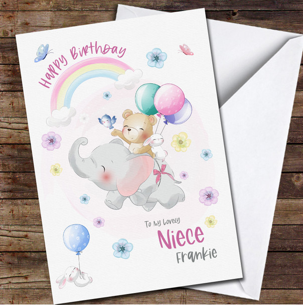 Niece Cute Elephant With Bear And Rabbit Pastel Personalised Birthday Card