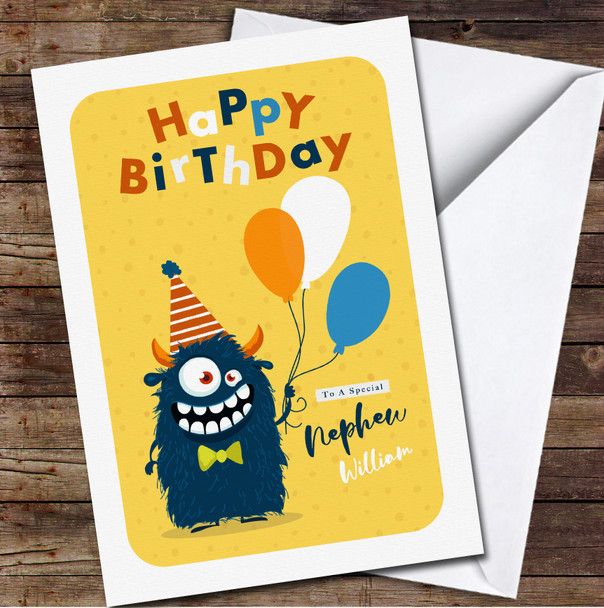 Special Nephew Cute Monster With Party Balloons Personalised Birthday Card