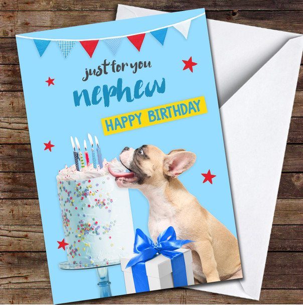 Nephew Dog Eating Cake Fun Playful Party Blue Personalised Birthday Card