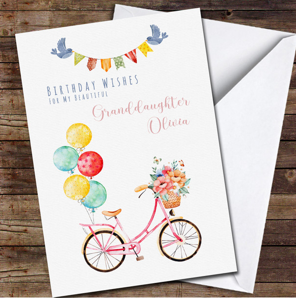 Granddaughter Watercolour Bike Bouquet Basket Balloons Birthday Card