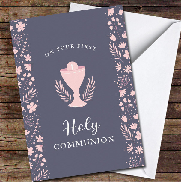 Pink Chalice Host With Flowers First Holy Communion Personalised Card