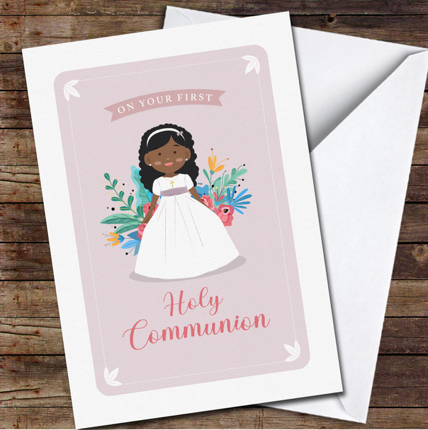 Dark Skin Curly Hair First Holy Communion Girl Personalised Card
