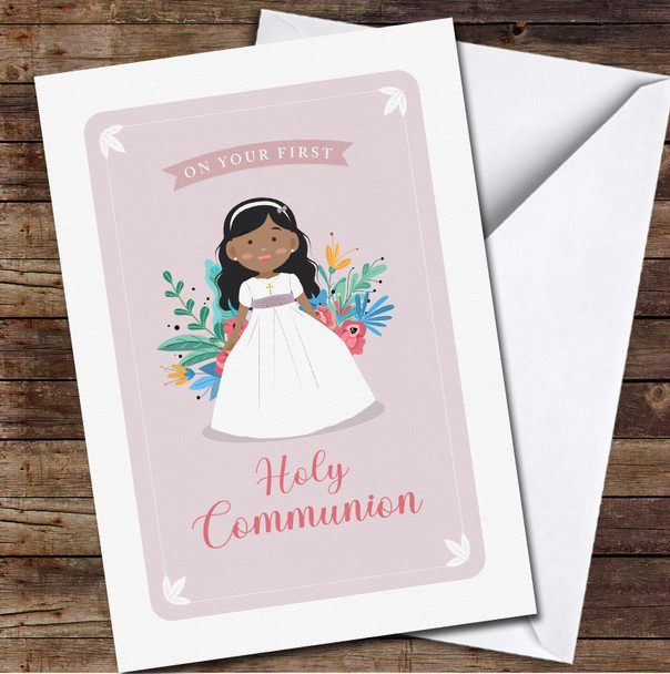 Dark Skin Long Hair First Holy Communion Girl Personalised Card