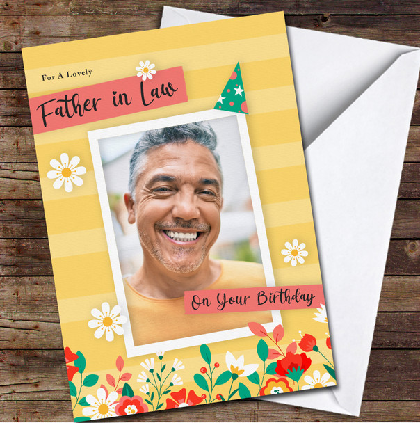 Father In Law Yellow Background Photo Frame With Flowers Any Text Birthday Card