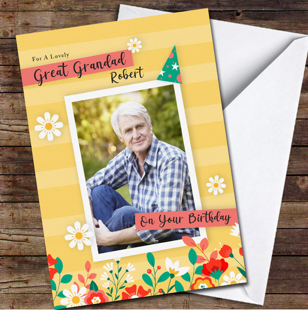 Great Grandad Yellow Background Photo Frame With Flowers Any Text Birthday Card