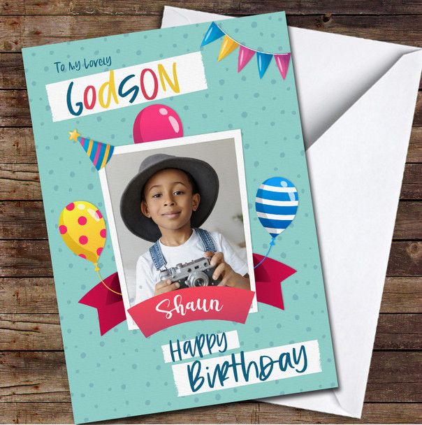 Godson Photo Party Frame Balloons Blue Pink Any Text Personalised Birthday Card