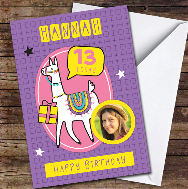 13th Girl Llama Photo Animal Purple Pink Any Age Personalised Birthday Card