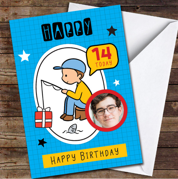 14th Boy Fishing Photo Blue Orange Any Age Personalised Birthday Card
