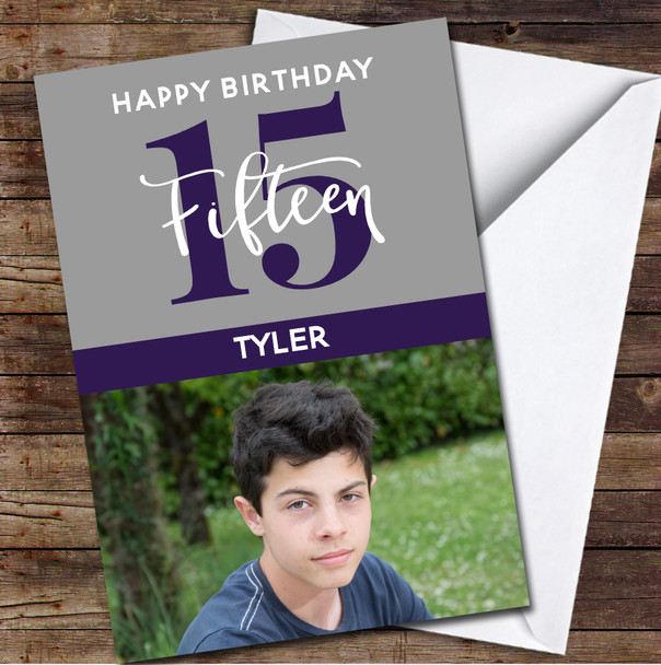 15th Fifteen Photo Purple Any Age Personalised Birthday Card