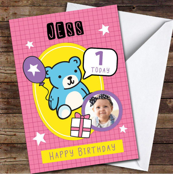 1st Girl Teddy Bear Gift Photo Pink Any Age Personalised Birthday Card