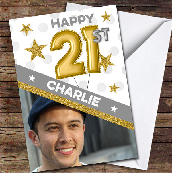 21st Balloons Gold Sparkle Photo Any Age Personalised Birthday Card