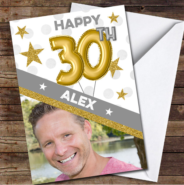 30th Balloons Gold Sparkle Photo Any Age Personalised Birthday Card