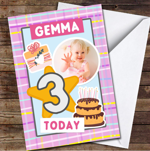 3rd Girl Pattern Cake Gift Photo Any Age Personalised Birthday Card