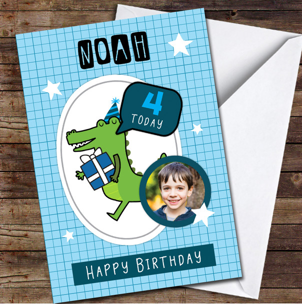 4th Boy Crocodile Stars Photo Blue Any Age Personalised Birthday Card