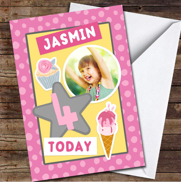 4th Girl Pink Ice Cream Pattern Photo Any Age Personalised Birthday Card