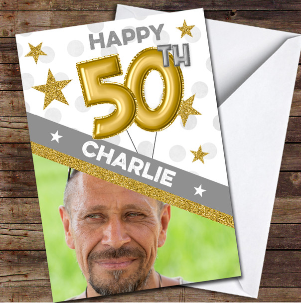 50th Balloons Gold Sparkle Photo Any Age Personalised Birthday Card