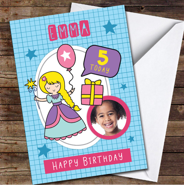 5th Princess Photo Pink Gift Stars Blue Any Age Personalised Birthday Card