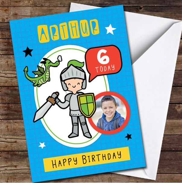 6th Boy Knight Castle Green Dragoon Photo Blue Any Age Birthday Card