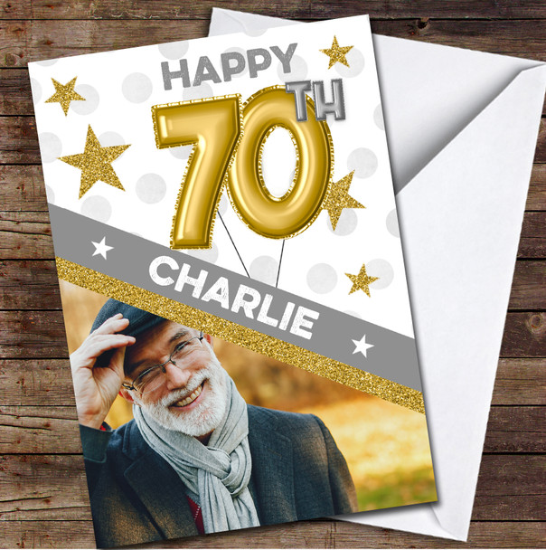 70th Balloons Gold Male Photo Any Age Personalised Birthday Card