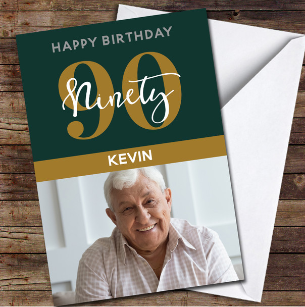 90th Ninety Photo Green Gold Any Age Personalised Birthday Card