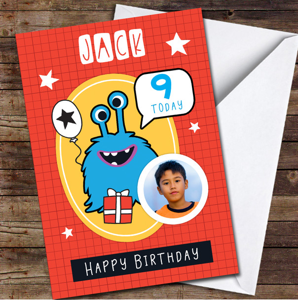 9th Boy Blue Stars Monster Photo Gift Red Any Age Personalised Birthday Card