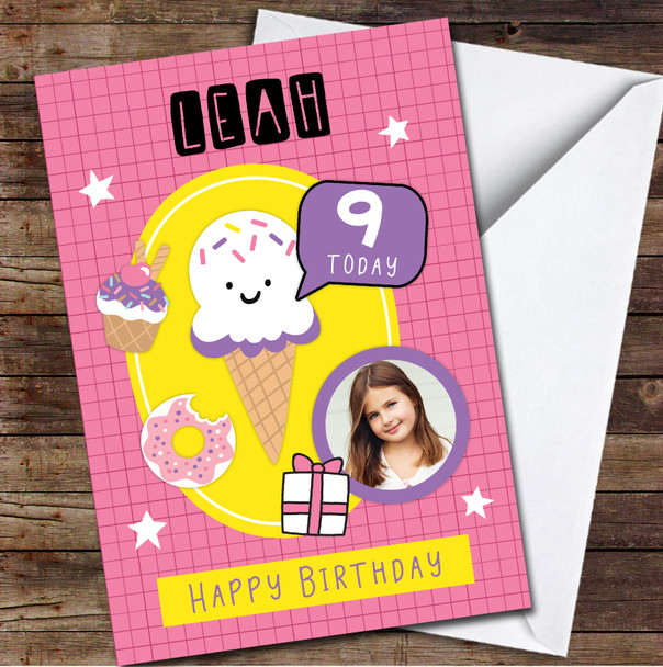9th Girl Ice Cream Photo Sweets Doughnut Candy Pink Any Age Birthday Card