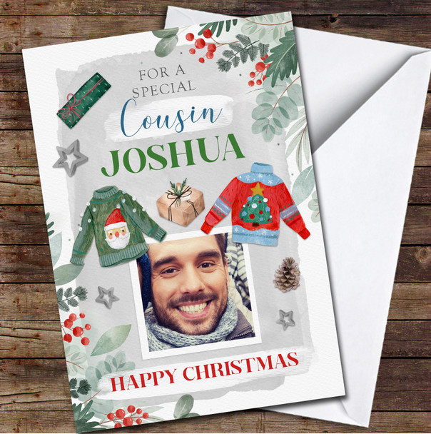 Cousin Male Photo Jumper Sweater Gift Any Text Personalised Christmas Card
