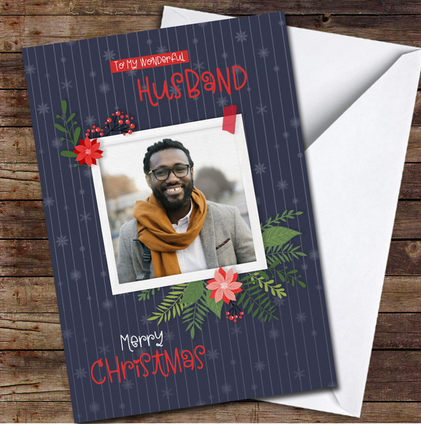 Husband Floral Photo Frame Any Text Personalised Christmas Card