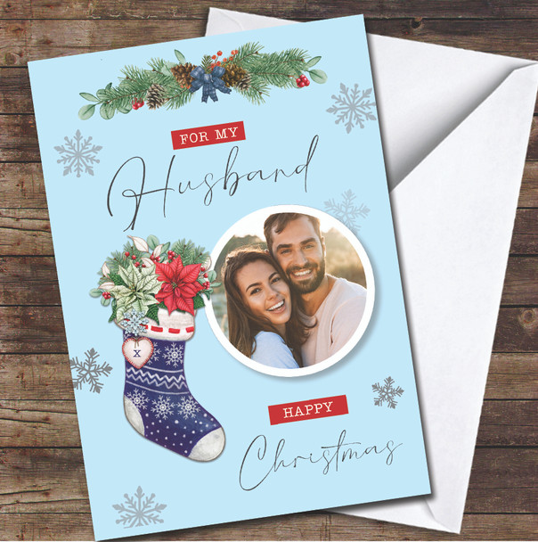 Husband Stocking Blue Photo Any Text Personalised Christmas Card