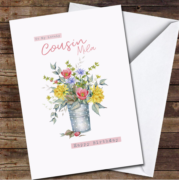 Cousin Watercolour Flowers Any Text Personalised Birthday Card