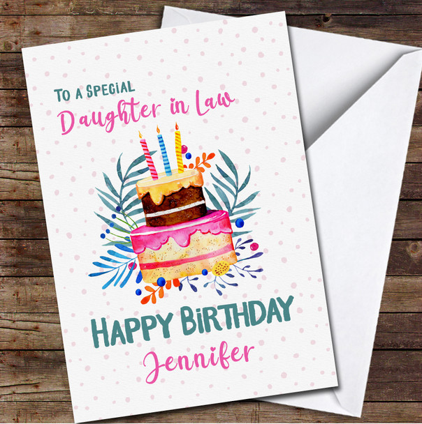 Daughter In Law Watercolour Cake With Candles And Flowers Any Text Birthday Card
