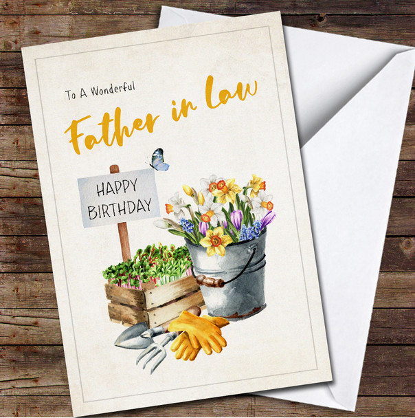 Father In Law Watercolour Flowers Sprouts And Garden Tools Birthday Card