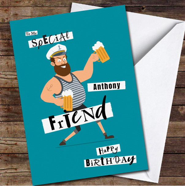 Friend Funny Brown Bearded Sailor Man With Beer Any Text Birthday Card