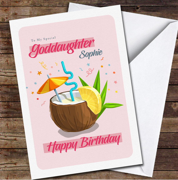 Goddaughter Pina Colada Cocktail In Coconut Any Text Personalised Birthday Card