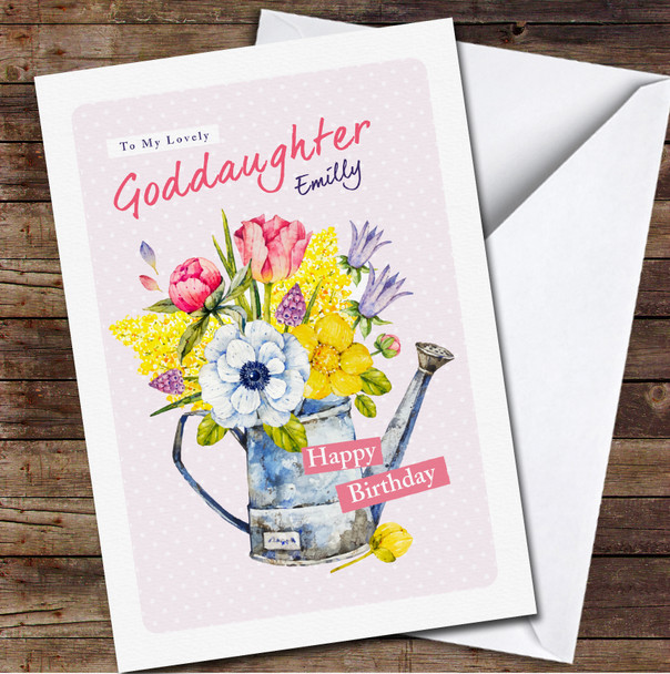 Goddaughter Watercolour Can With Flowers Any Text Personalised Birthday Card