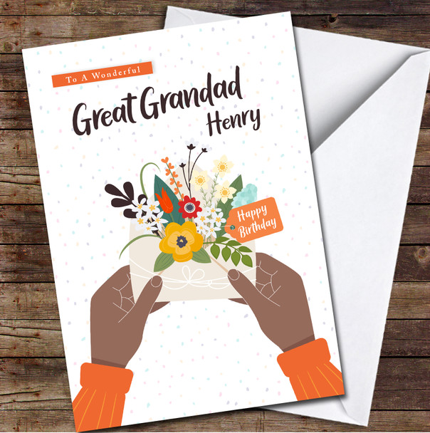 Great Grandad Dark Skin Hands Holding Envelope With Flowers Birthday Card