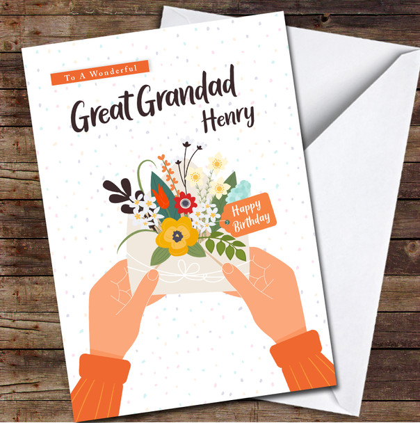 Great Grandad Hands Holding Envelope With Flowers Any Text Birthday Card